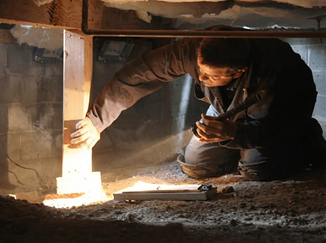 A professional inspecting wooden beams under the floor of a structure in Rockford, IL