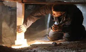 A professional inspecting wooden beams under the floor of a structure in Rockford, IL